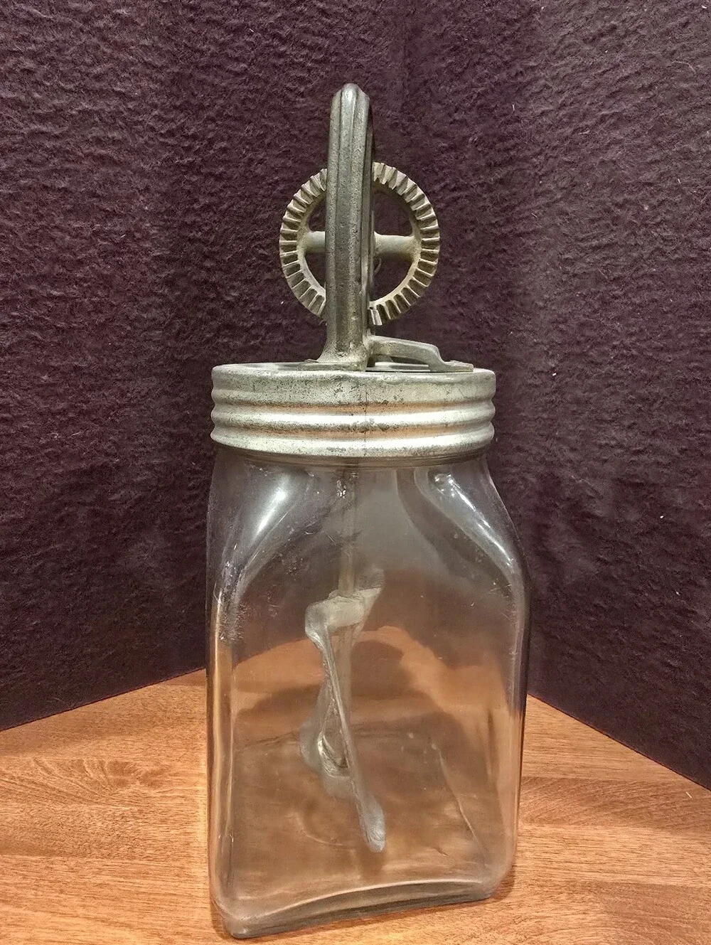 Antique 2 Qt Square Jar Butter Churn Wooden Handle Metal Paddle
